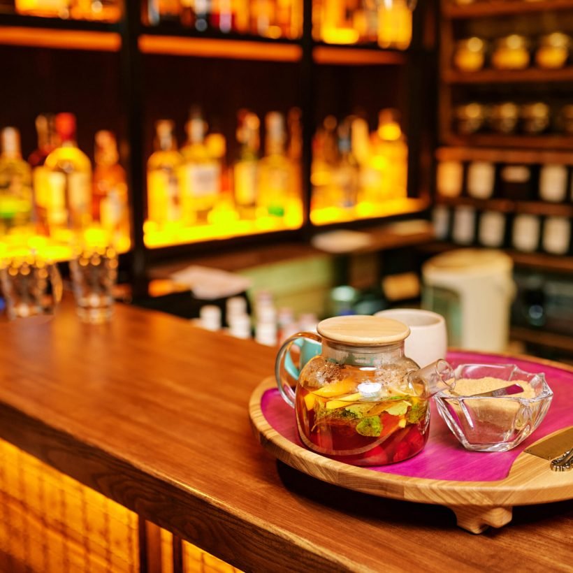 Hookah bar counter, tonic drinks, nobody. Shisha smoking equipment, traditional smoke culture, tobacco aroma for relaxation